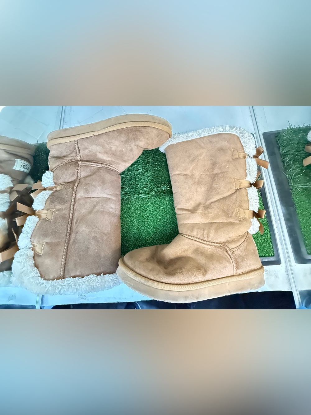 UGG Chestnut Suede Boots with Bow and Shearling Trim